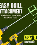 Mix It 20 Inch Mud And Paint Mixer attached to drills with green ABS paddles and zinc shaft, easy drill attachment showcased