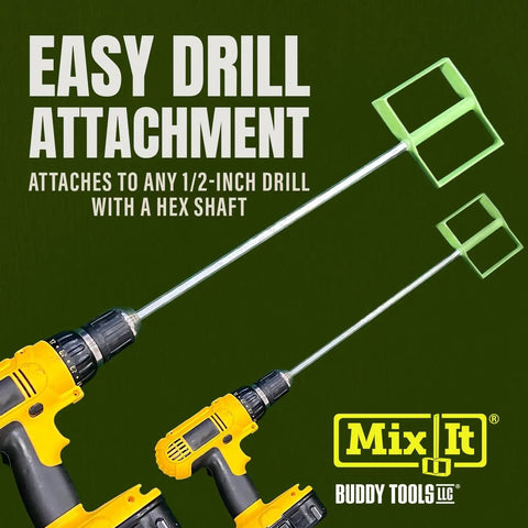 Mix It 20 Inch Mud And Paint Mixer attached to drills with green ABS paddles and zinc shaft, easy drill attachment showcased