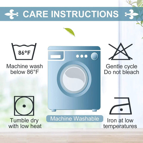 Care instructions for curtains: machine wash below 86°F, gentle cycle, do not bleach, tumble dry low, iron at low temperatures.