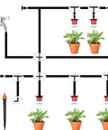 Two Hundred Twenty Piece Drip Irrigation Kit With One Quarter Inch Tubing Fittings For Garden Lawn And Flower Beds Sprinkler Systems Includes End Plug Four Way Connector And Barbed Tees For Quick Easy Do It Yourself Irrigation shown watering plants