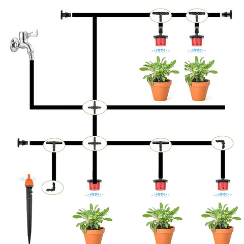 Two Hundred Twenty Piece Drip Irrigation Kit With One Quarter Inch Tubing Fittings For Garden Lawn And Flower Beds Sprinkler Systems Includes End Plug Four Way Connector And Barbed Tees For Quick Easy Do It Yourself Irrigation shown watering plants