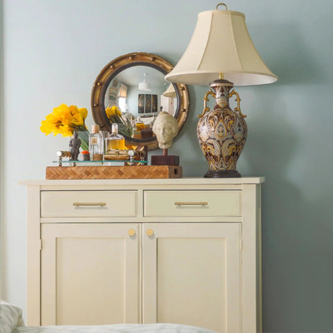 Decorated dresser with mirror and lamp, features champagne bronze cabinet knobs from Champagne Bronze Cabinet Knobs 10 Pack Champagne Gold Cabinet Pulls For Cabinets Drawers And Dressers Hardware For Cupboards Rust Proof Solid Metal Easy To Install 1.1 Inch Diameter Knobs Base 0.7 Inch Height 1.1 Inch.