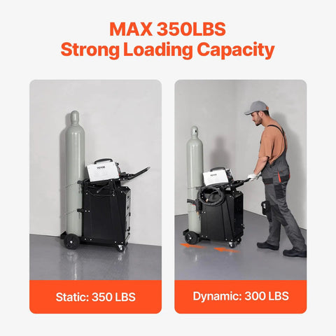 Heavy Duty Welding Cart With 2 Drawers Lockable Cabinet 350 Lbs Capacity 360 Degree Swivel Wheels Tank Storage Safety Chains For MIG TIG Welder And Plasma Cutter, shown with gas cylinder and welder at 350 lbs static weight and a person moving it at 300 lbs dynamic weight.