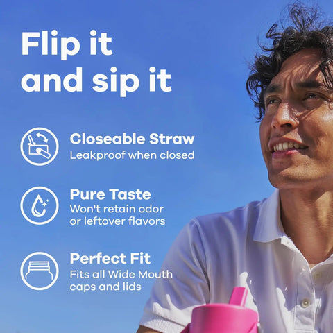 Man holding 40 Oz Insulated Stainless Steel Water Bottle With Wide Mouth And Leakproof Straw Cap against blue sky