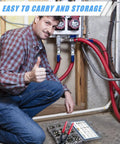 Man using All In One 120 Piece Hose Clamp Kit with 304 Stainless Steel Single Ear Clamps for plumbing, shows thumbs up.