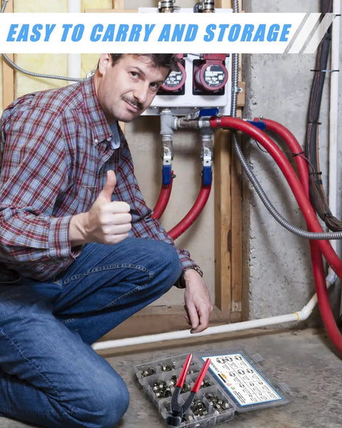 Man using All In One 120 Piece Hose Clamp Kit with 304 Stainless Steel Single Ear Clamps for plumbing, shows thumbs up.