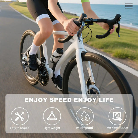 Cyclist riding a high-performance bike with a focus on easy handling, lightweight design, waterproof features, and easy installation.