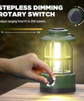 Stepless dimming feature of LED Camping Lantern With USB C Rechargeable Battery for emergencies.