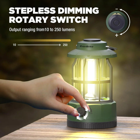 Stepless dimming feature of LED Camping Lantern With USB C Rechargeable Battery for emergencies.