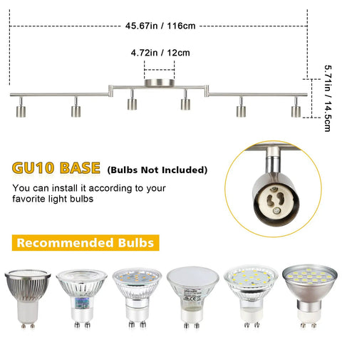 Diagram of Six-Head LED Track Lighting Kit in Brushed Nickel with adjustable arms and GU10 base, bulbs not included