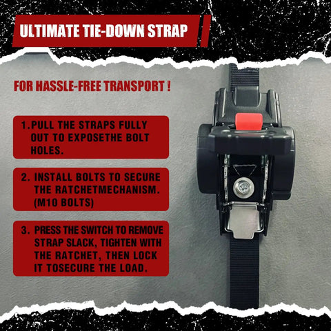 Close-up of 4 Pack Auto-Retractable Ratchet Tie Downs 1 Inch by 12 Foot Cargo Straps showing ratchet mechanism and instructions.
