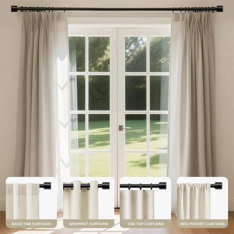 Heavy Duty Adjustable Curtain Rods For Windows 32 To 120 Inches Black 1 Inch Diameter Built To Last Sturdy Rods For Bedroom Kitchen And Sliding Glass Doors Easy Install Brackets Included displayed with curtains