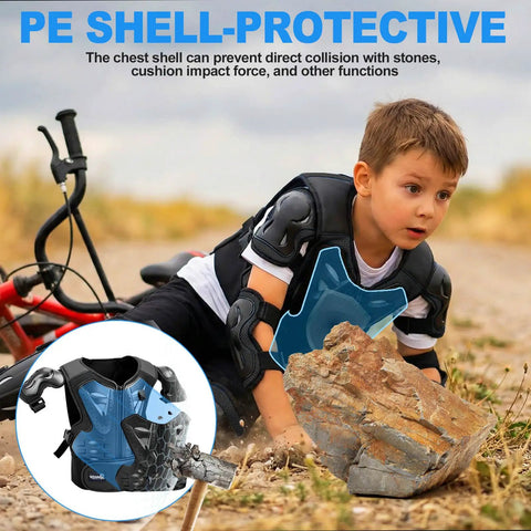 Child wearing Young Riders Four Piece Motorcycle Armor Set With Vest Chest Protector And Knee Elbow Pads For Dirt Bike