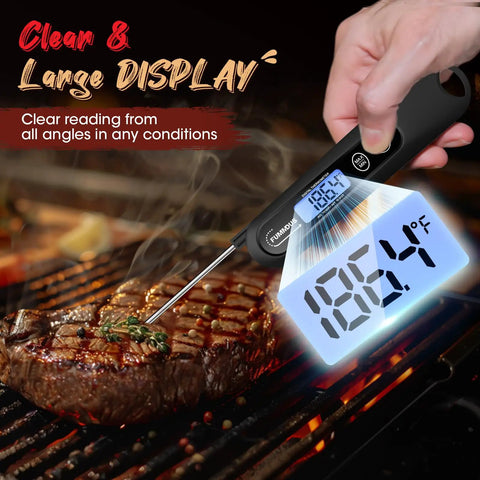 Digital Meat Thermometer Instant Read In 3 Seconds With Backlit Display And Magnetic Mount Foldable Probe For BBQ