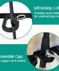 Close-up of self-locking J clips and removable caps on a sturdy wall mount rod holder for Holds Up To Six Fishing Rods And Reels In A Sturdy Wall Mount Rod Holder For Garage Organization, Vertical And Horizontal Rack With Adjustable Spacing For Poles Reels Gear And Tackle In One Pack.