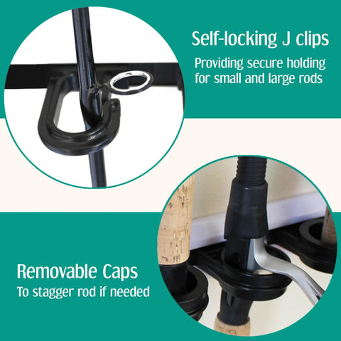 Close-up of self-locking J clips and removable caps on a sturdy wall mount rod holder for Holds Up To Six Fishing Rods And Reels In A Sturdy Wall Mount Rod Holder For Garage Organization, Vertical And Horizontal Rack With Adjustable Spacing For Poles Reels Gear And Tackle In One Pack.