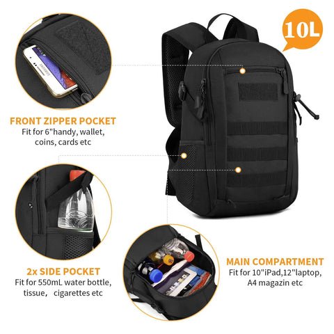 10L Tactical Backpack Small Daypack With MOLLE Rucksack Gear featuring pockets for gadgets and EDC essentials, black, rugged design