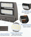80W Rotatable LED Wall Pack Light for Outdoor Security with adjustable heads and aluminum body details