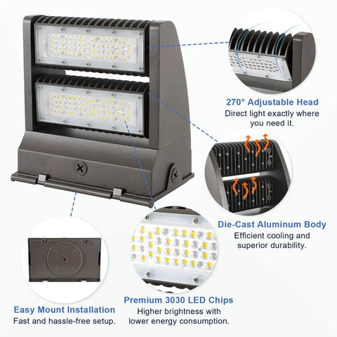 80W Rotatable LED Wall Pack Light for Outdoor Security with adjustable heads and aluminum body details