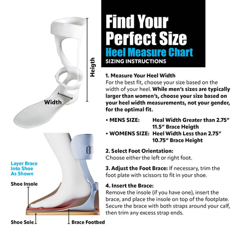 Lightweight AFO Foot Drop Brace For Men, All Day Comfy Walking Stabilizer With Adjustable Straps, Size Chart Guide