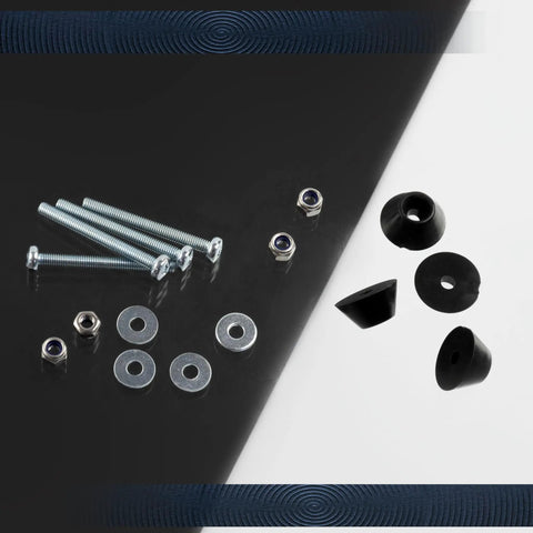 All In One Round Furniture Glide Kit in Black Plastic with 4 glides, 4 M3 screws, 4 locking nuts, and 4 washers for easy install