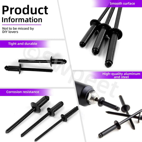 130Pcs 7 Sizes Black Large Flange Aluminum Blind Rivets Kit For Metal, Furniture And Automotive Projects, Aluminum Grip With Steel Mandrel