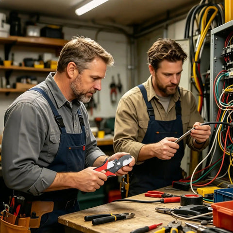 Two professionals using tools on a workbench with the Straight Up Eight Inch Heavy Duty Electric Wire Stripper and Cable Crimper Tool.