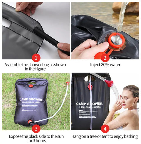 Large Capacity Solar Shower Bag 5 Gallons 20L for camping outdoors with removable hose, on off switchable shower head, setup steps