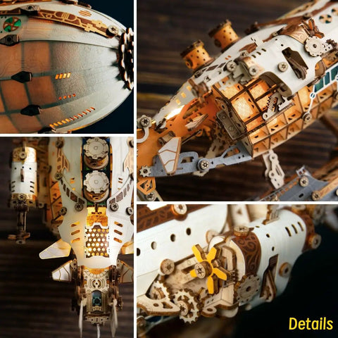 Victorian Steampunk Airship 3D Puzzle Model DIY Kit For Adults With 648 Pieces details of buildable dirigible craft inspired by Jules Verne.