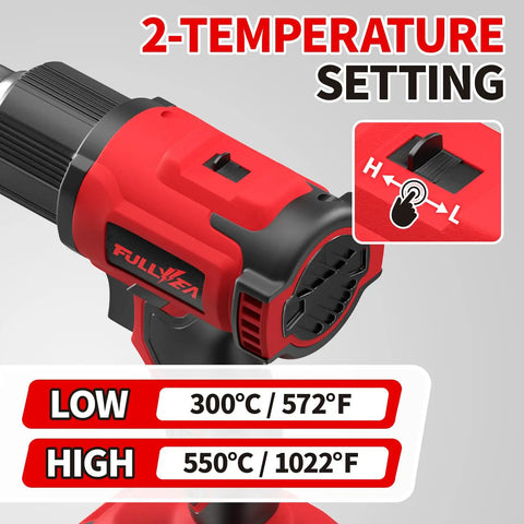 Cordless Heat Gun With Fast Heating Up To 1022F 550C, Lightweight Portable Hot Air Tool Kit With 2x4.0Ah Batteries And 5 Nozzles, Boss Level Performance For Shrink Tubing PVC Wrap Crafts Red with temperature setting feature