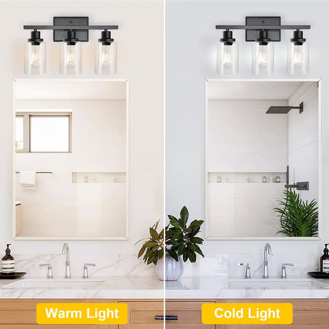 Three Light Black Vanity Light Fixtures With Clear Glass Shades, Dope Modern Wall Sconces in bathroom, warm vs cold light effect