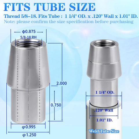Five Eighths Inch 18 Thread Right Hand And Left Hand Weld In Bung Tube Adapter Kit With Universal Heim Joint Built To Last For Steel Tubing And Tie Rod End Setups, 1045 steel, 1 1/4 OD