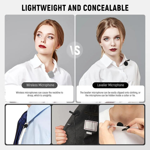 Comparison of wireless microphone vs Lavalier Clip On Mic Omnidirectional Condenser Wired Lav Mic 2 Pack for YouTube Live Streaming