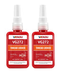 Front view of two VG272 thread locker bottles, red containers with white applicator caps, 50 ml each.