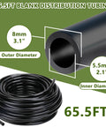 Drip Irrigation System 65.5Ft Flexible 360 Degree Bendable Nozzles With Quick Connectors For Garden Greenhouse Yard And Plants Easy Watering Kit Durable Weather Resistant Tubing For Outdoor Use showing 65.5ft black tubing with diameter details.