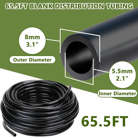 Drip Irrigation System 65.5Ft Flexible 360 Degree Bendable Nozzles With Quick Connectors For Garden Greenhouse Yard And Plants Easy Watering Kit Durable Weather Resistant Tubing For Outdoor Use showing 65.5ft black tubing with diameter details.