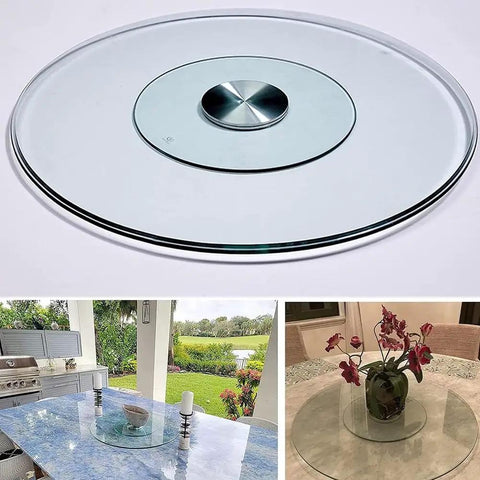 Big Glass Lazy Susan Rotating Turntable For Dining Table Display, Polished Edge Serving Tray With Non Slip Base, Heavy Duty Kitchen And Home Decor, Real Deal Performance To Kick Up Your Table Setup on a dining table.