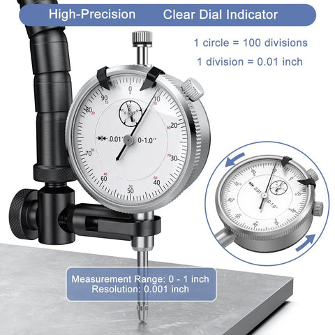 Dial Indicator 0 To 1 Inch Range With 0.001 Inch Resolution Case Included Precision Measuring Tool For Lathe CNC 3D Printing Table Saw And Workshop Pro Grade Shop Ready Machinist Essential Durable, shown mounted on a granite base with clear dials and calibration markings.