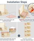 Installation steps for stackable closet organizers and storage bins with open front design steel frame and fabric baskets.