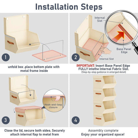 Installation steps for stackable closet organizers and storage bins with open front design steel frame and fabric baskets.
