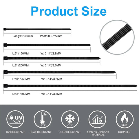 Product size chart for Heavy Duty Nylon Cable Zip Ties Set 2000 Pcs Assorted 4 to 12 Inch Self Locking High Strength PA6 Non Toxic Black