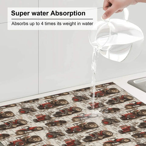 Pouring water on Wood Grain Tractor Print Microfiber Dish Drying Mat, demonstrating absorbency, 16 by 18 inch.