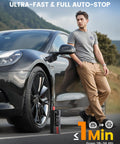 Man leaning on car with Portable Car Tire Inflator Air Compressor 150 PSI Cordless Quick Inflate With Gauge beside wheel.
