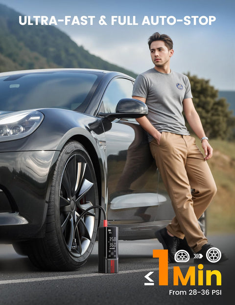 Man leaning on car with Portable Car Tire Inflator Air Compressor 150 PSI Cordless Quick Inflate With Gauge beside wheel.