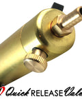 Close-up of Ultima Vacuum Pump Handle brass chamber with quick release valve, barbed fittings, part of pro-grade tool for mechanical work