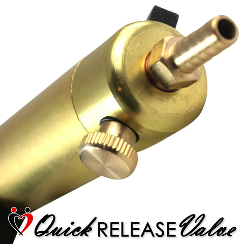 Close-up of Ultima Vacuum Pump Handle brass chamber with quick release valve, barbed fittings, part of pro-grade tool for mechanical work
