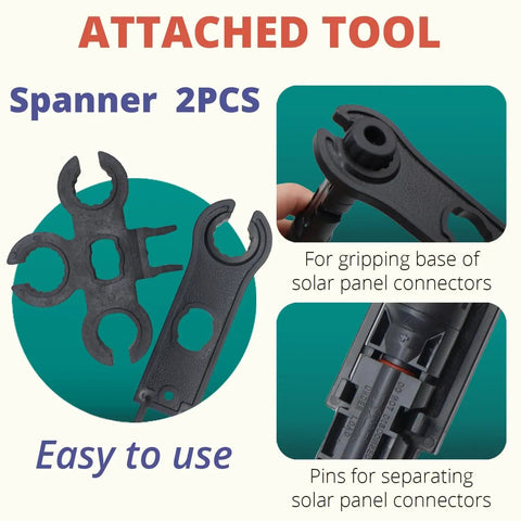 All In One MC-4 Solar Connector Kit showing two spanner wrenches for easy DIY photovoltaic system assembly.