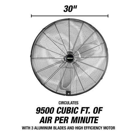 Beastly 30 Inch Indoor Oscillating Wall Fan With 9500 CFM Max showing 30-inch diameter and aluminum blades