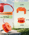 20 Pack Weed Eater String Replacement Spool For Worx Trimmers 0.065 Inch 10 Ft Per Pack High Performance Flexible Aero Cutting Line With Durable Design 16 Spools And 4 Caps For Easy Refill, showing details of spool size and design against a grass background.