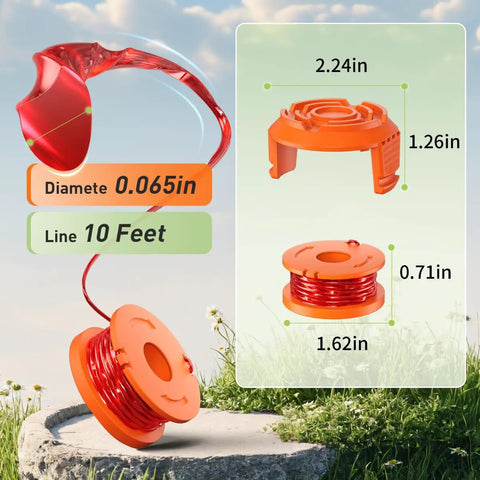20 Pack Weed Eater String Replacement Spool For Worx Trimmers 0.065 Inch 10 Ft Per Pack High Performance Flexible Aero Cutting Line With Durable Design 16 Spools And 4 Caps For Easy Refill, showing details of spool size and design against a grass background.